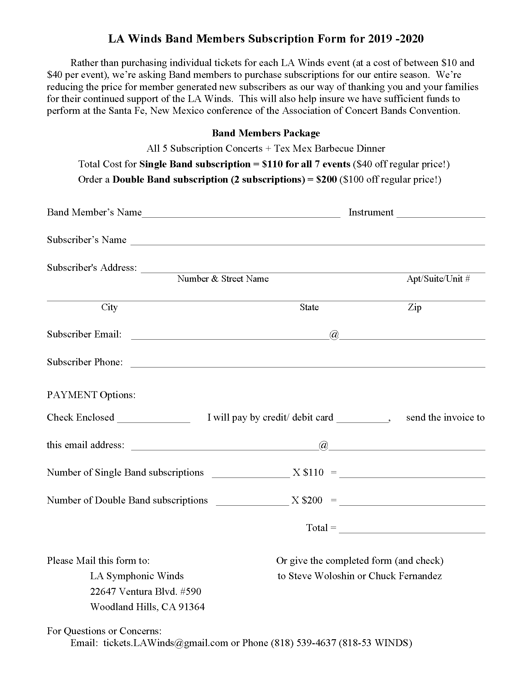 New Subscriptions (Members only) - Los Angeles Symphonic Winds